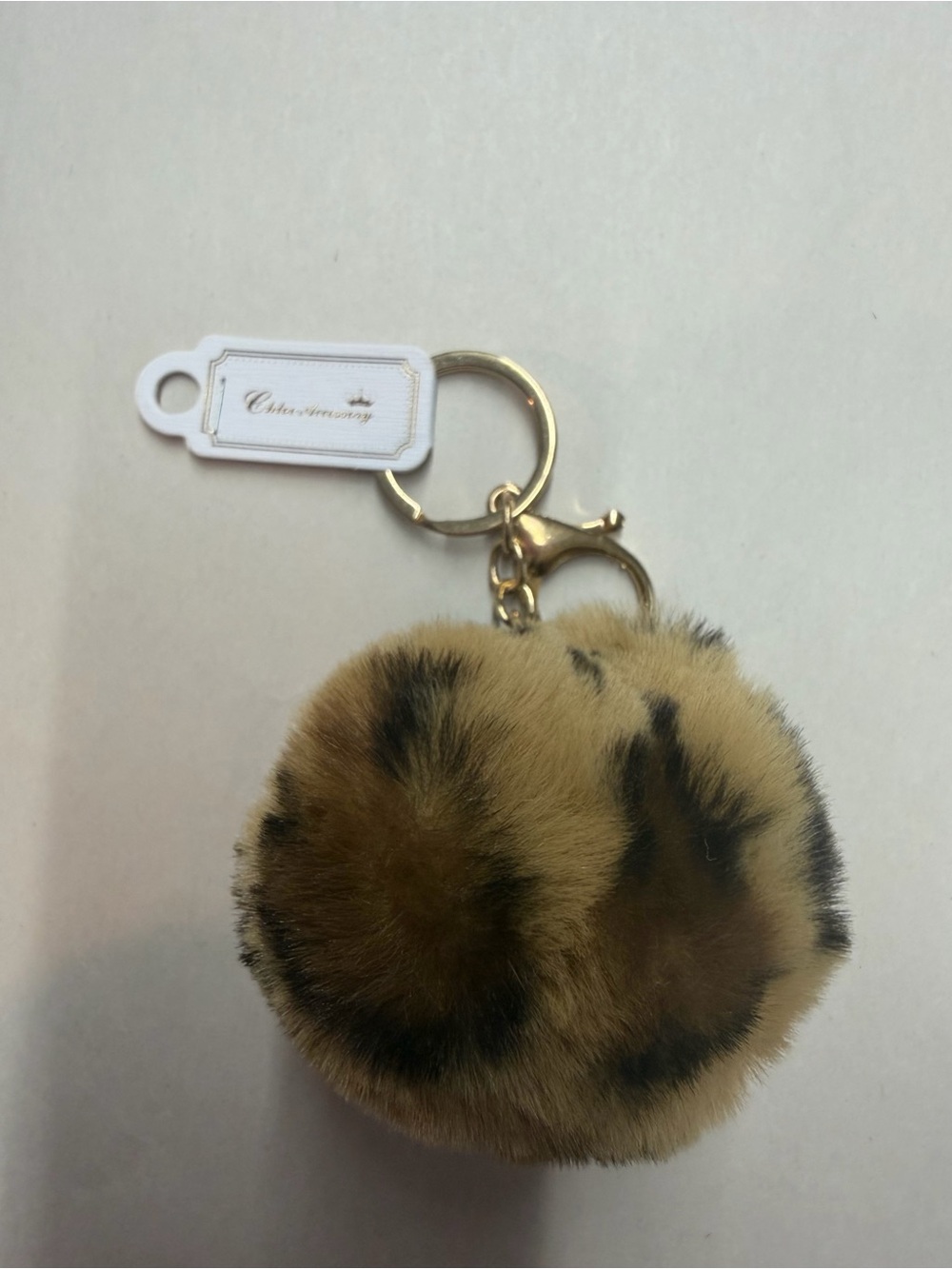Faux Fur Leopard Pom Keychain - Gold Hardware